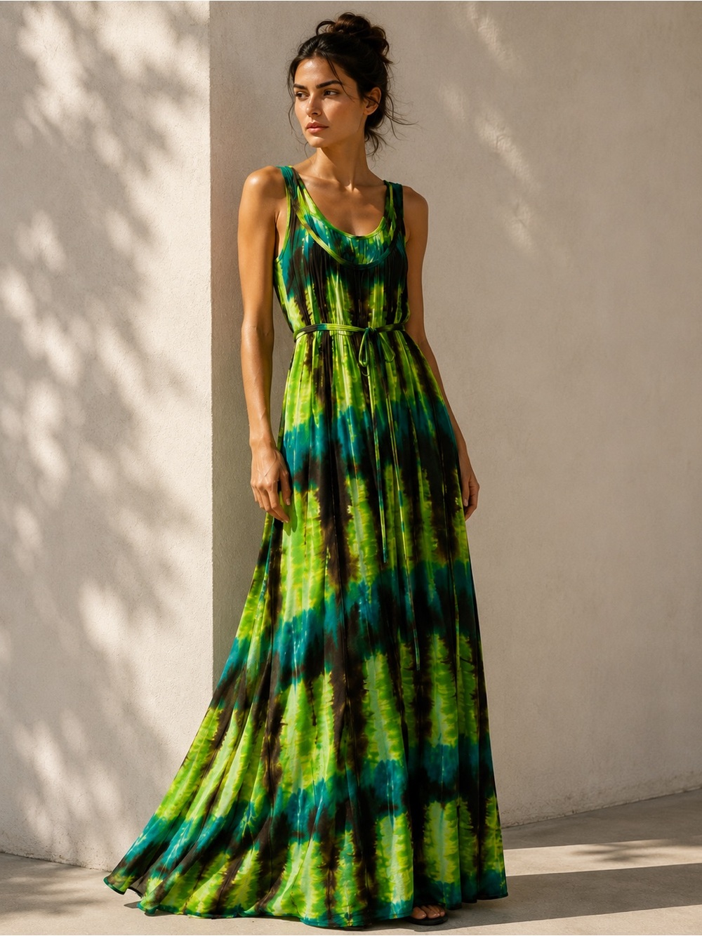 Romeo & Juliet Couture Tie Dye Long Length Maxi Dress Green Teal Brown M